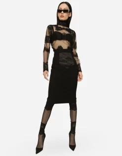 Tulle turtle-neck top with lace inserts