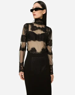Tulle turtle-neck top with lace inserts