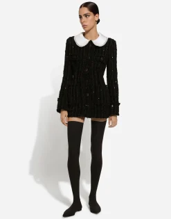 Tweed jacket with micro-sequin embellishment and satin collar