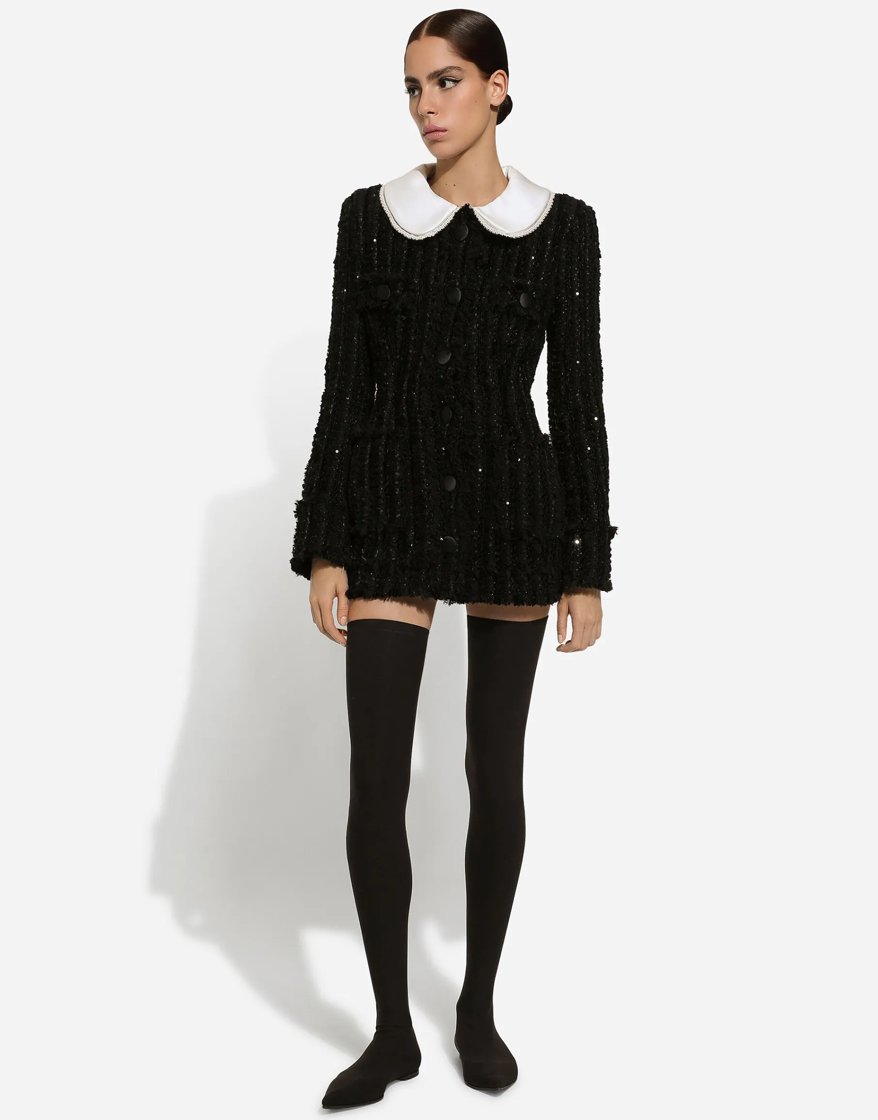 Tweed jacket with micro-sequin embellishment and satin collar