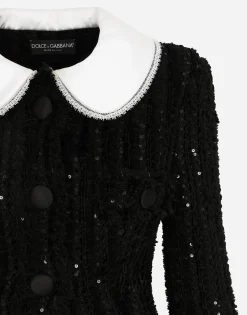 Tweed jacket with micro-sequin embellishment and satin collar