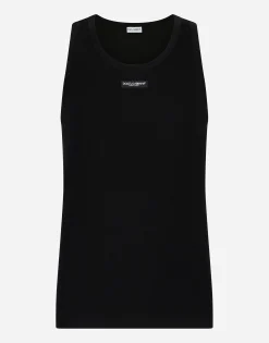 Two-way stretch cotton tank top with logo label