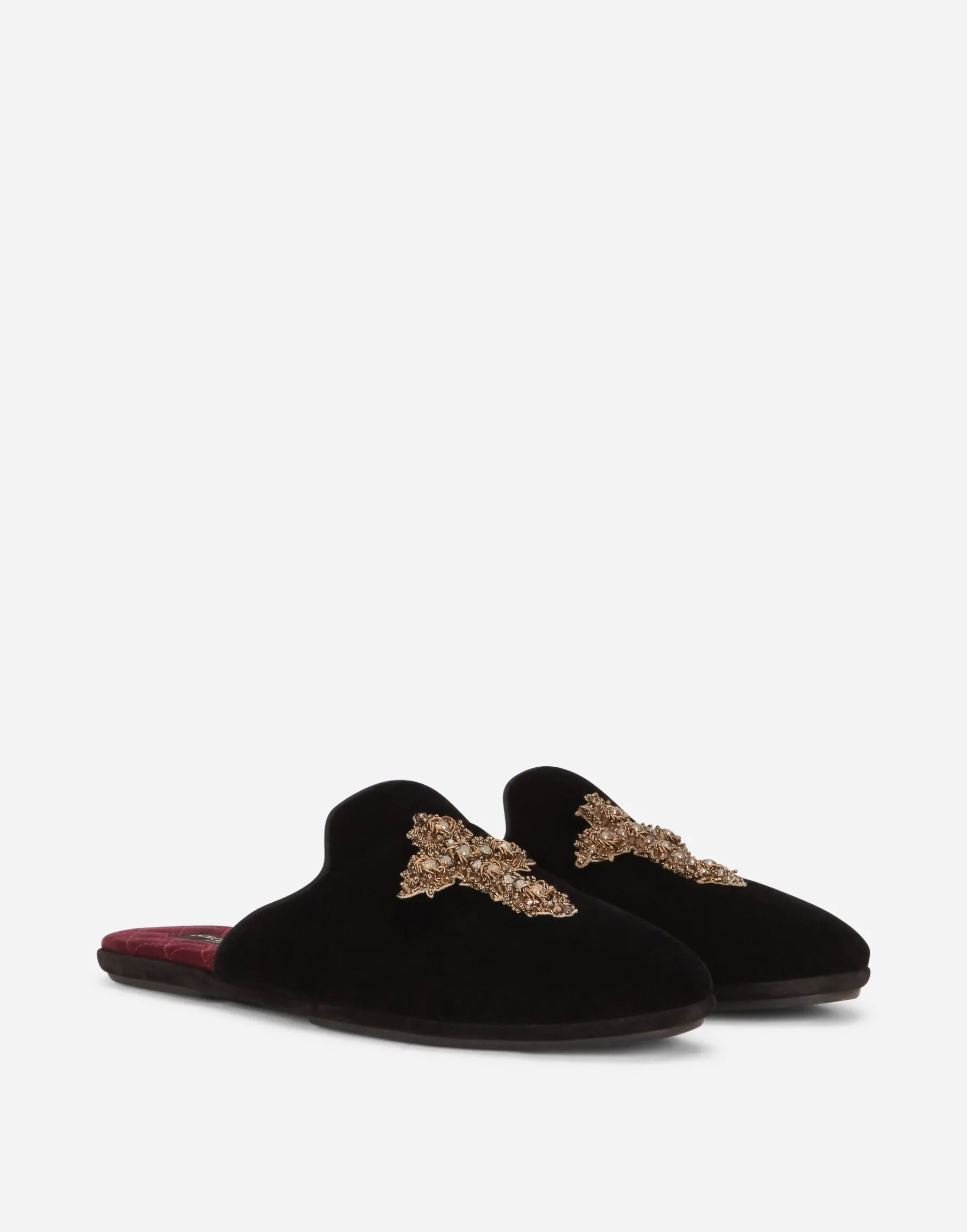 Velvet slippers with cross embroidery