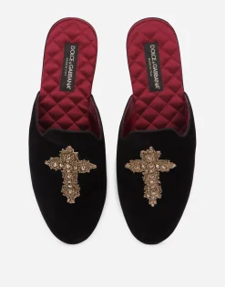 Velvet slippers with cross embroidery