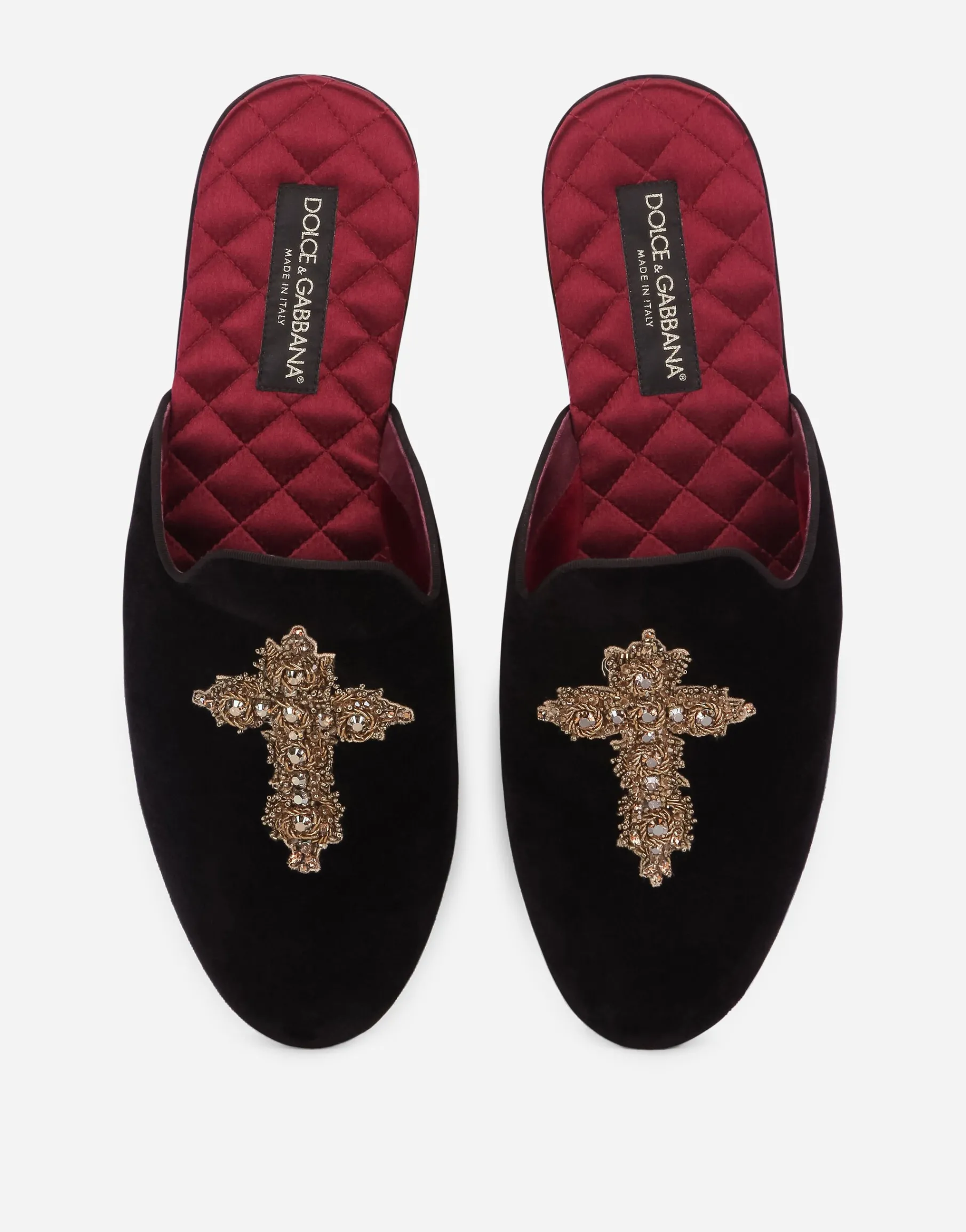 Velvet slippers with cross embroidery