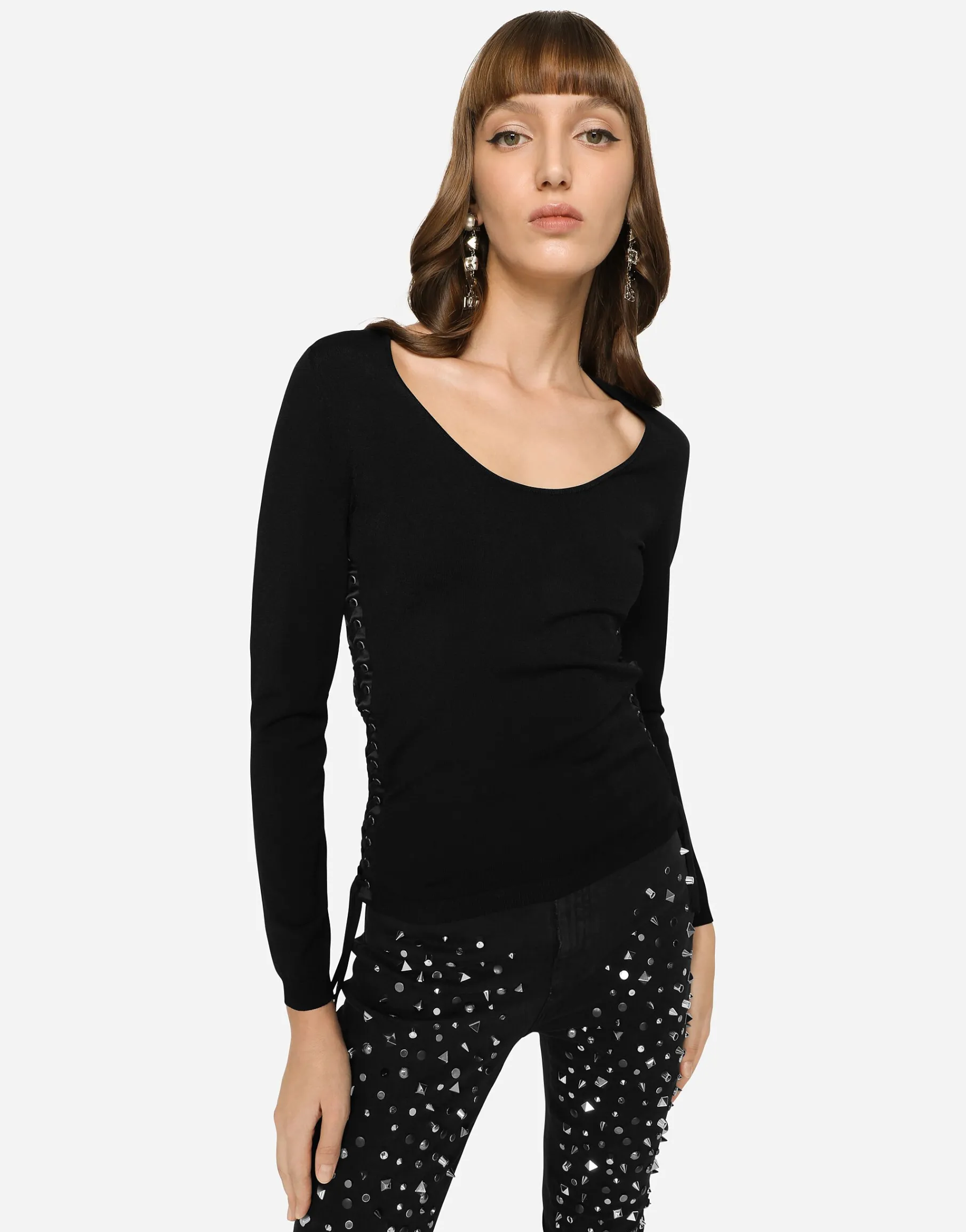 Viscose sweater with lacing and eyelets