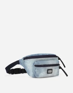 Washed denim belt bag with logo tag