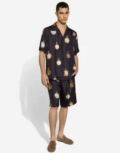 Watch-print silk jogging shorts