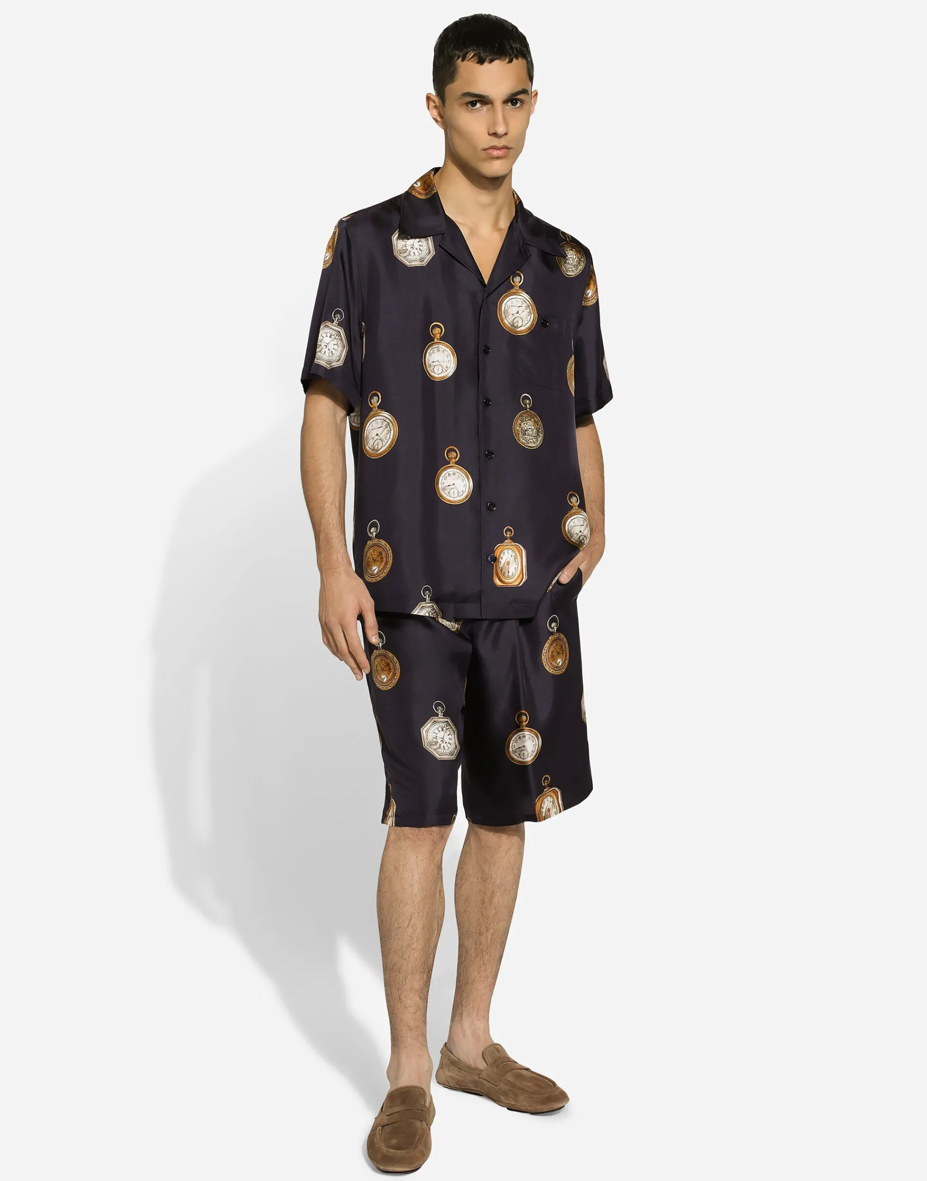 Watch-print silk jogging shorts