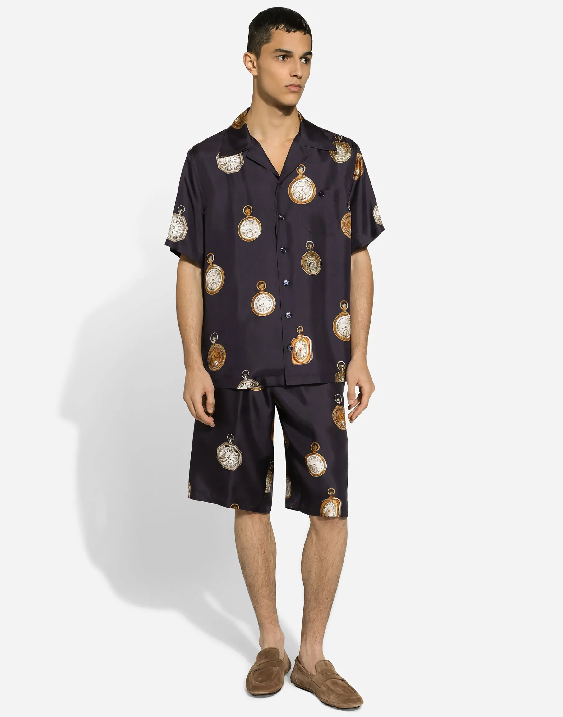 Watch-print silk jogging shorts