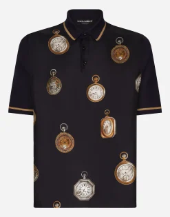 Watch-print silk polo-shirt