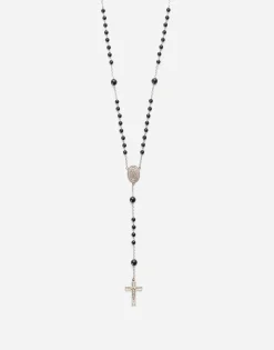 White gold Devotion rosary necklace with black jade spheres