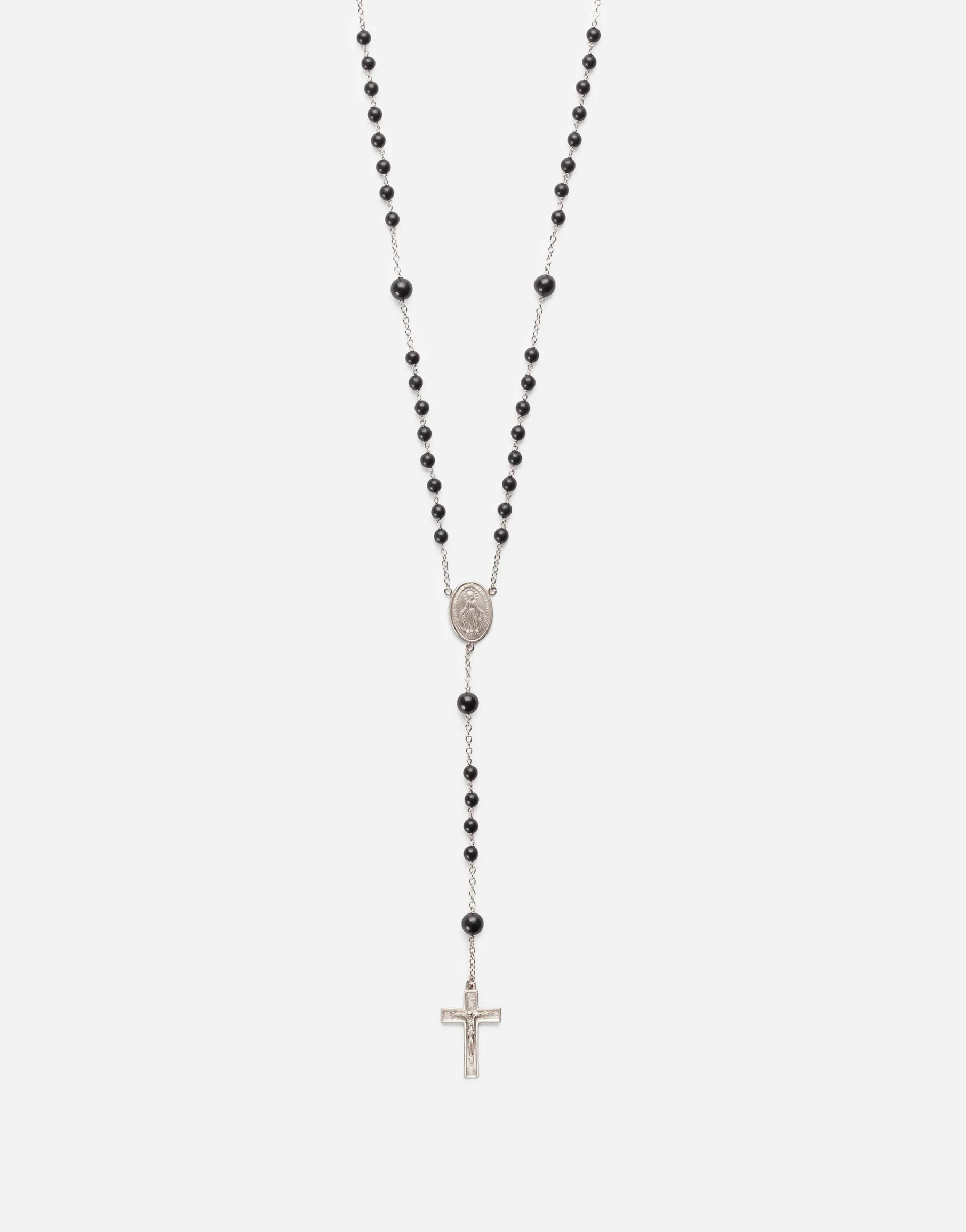 White gold Devotion rosary necklace with black jade spheres