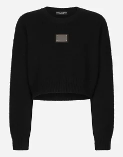 Wool and cashmere round-neck sweater with logo tag