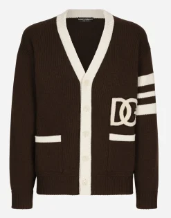 Wool fisherman’s rib cardigan with DG logo patch