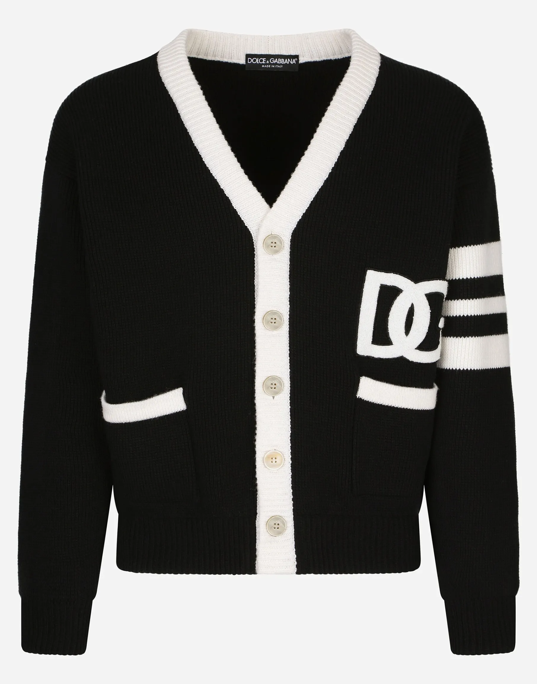 Wool fisherman’s rib cardigan with DG logo