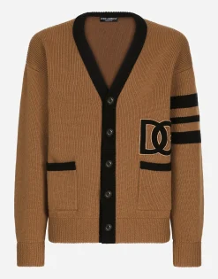 Wool fisherman’s rib cardigan with DG logo patch