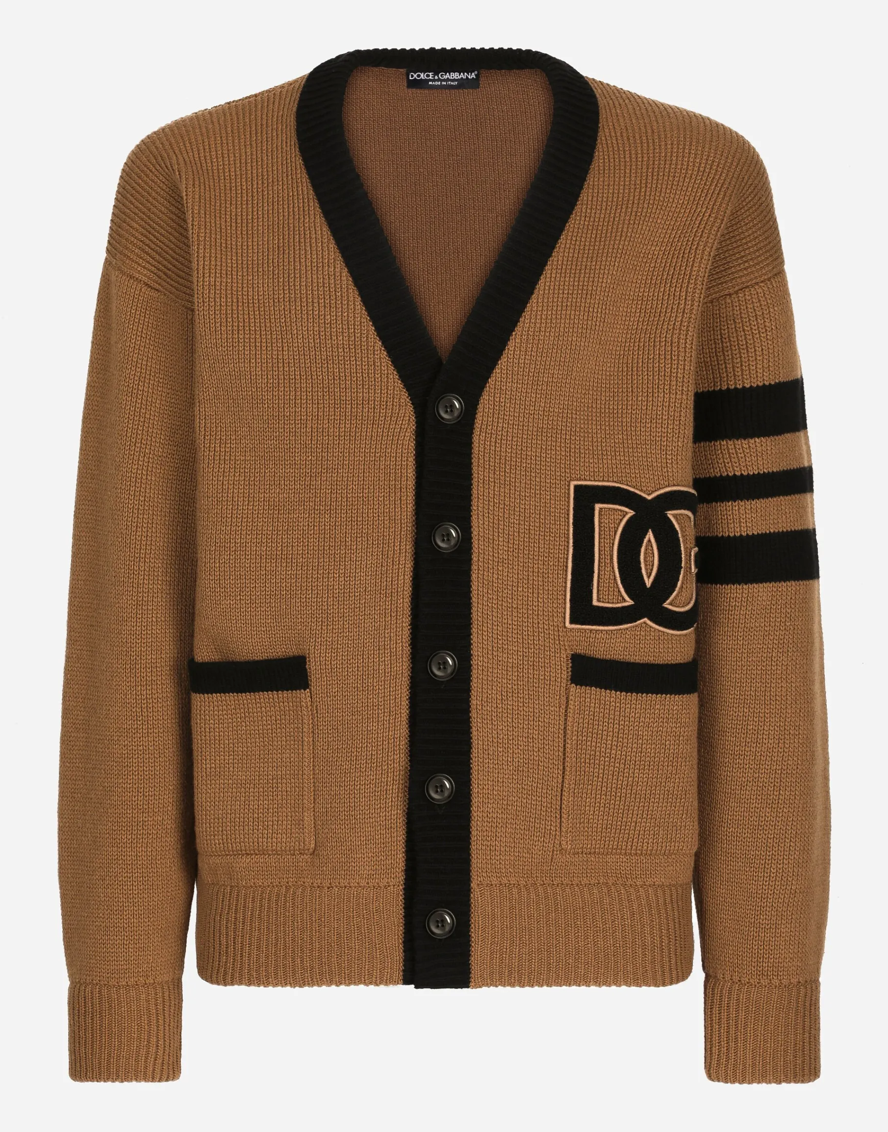 Wool fisherman’s rib cardigan with DG logo patch
