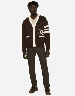 Wool fisherman’s rib cardigan with DG logo patch