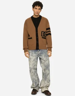 Wool fisherman’s rib cardigan with DG logo patch
