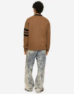 Wool fisherman’s rib cardigan with DG logo patch