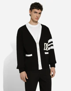 Wool fisherman’s rib cardigan with DG logo