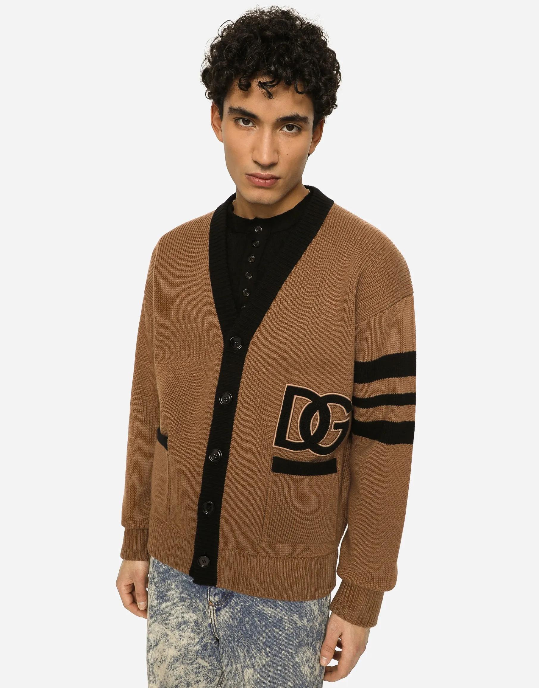 Wool fisherman’s rib cardigan with DG logo patch