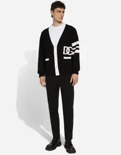 Wool fisherman’s rib cardigan with DG logo