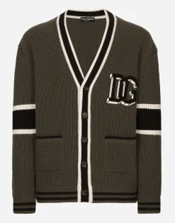 Wool fisherman’s rib-knit cardigan with DG logo patch