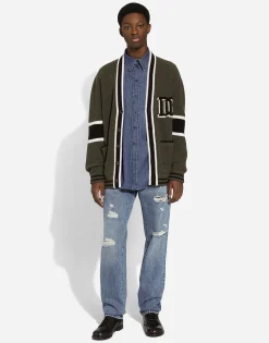 Wool fisherman’s rib-knit cardigan with DG logo patch