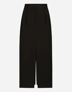 Wool gabardine calf-length tuxedo pencil skirt
