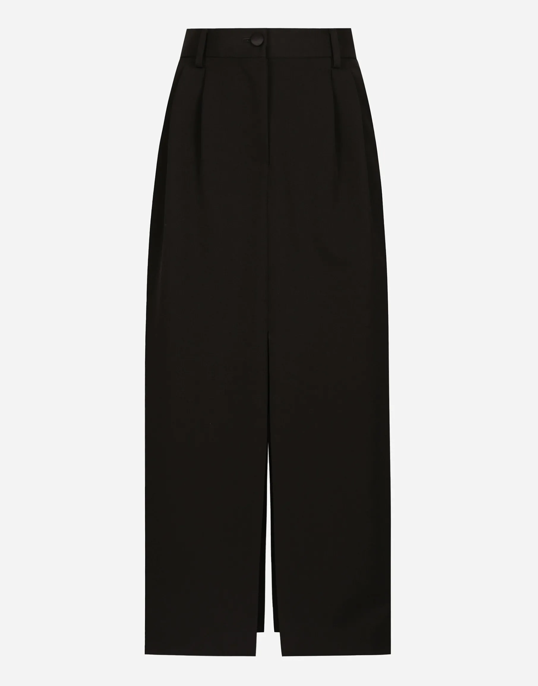 Wool gabardine calf-length tuxedo pencil skirt