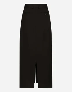 Wool gabardine calf-length tuxedo pencil skirt