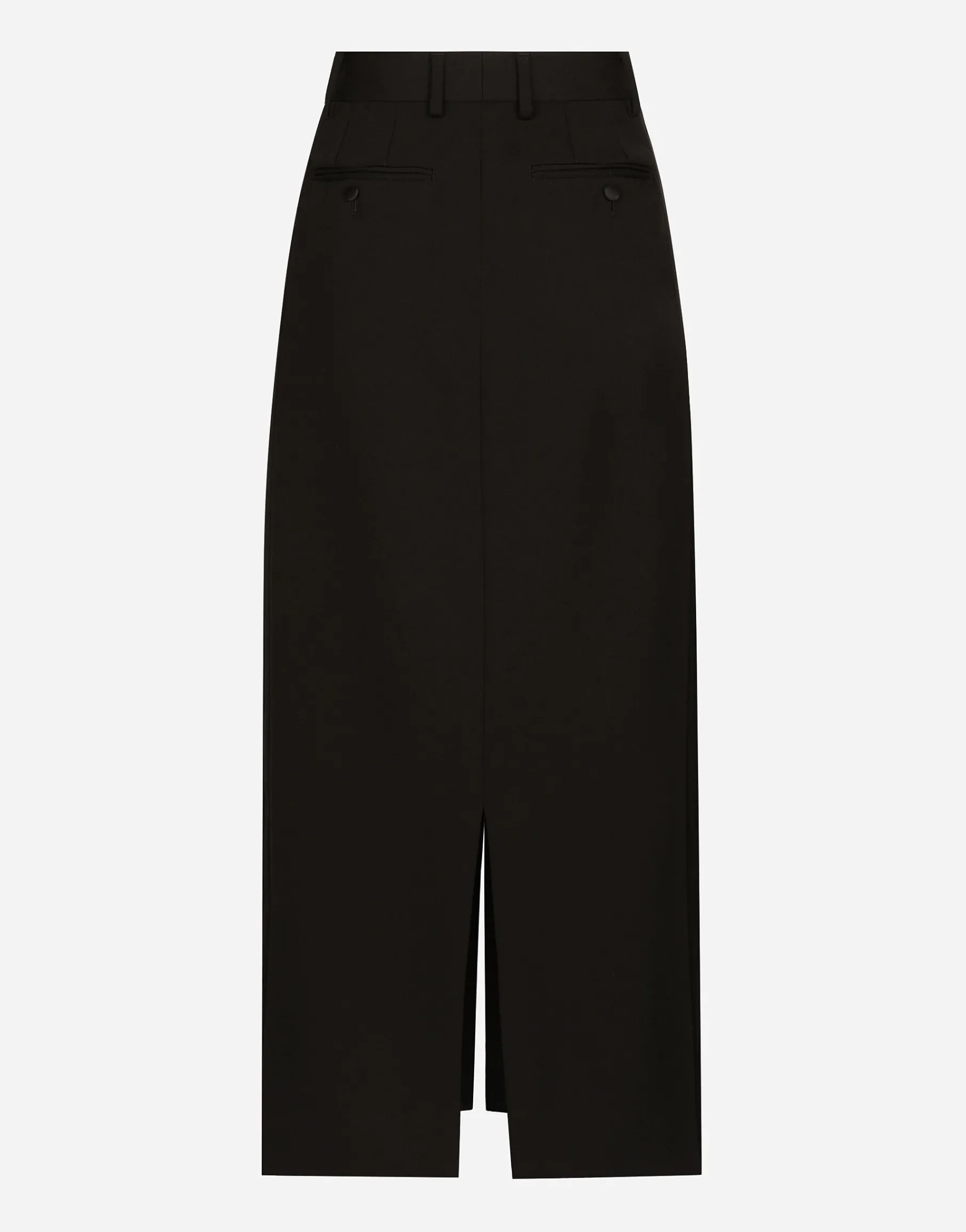 Wool gabardine calf-length tuxedo pencil skirt