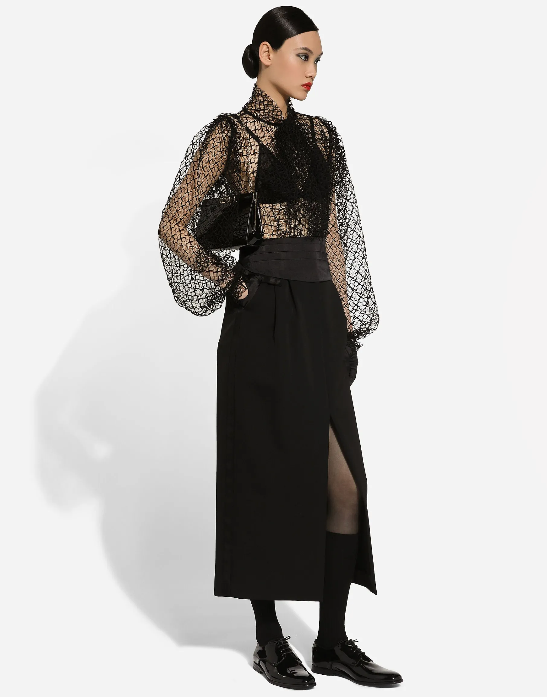Wool gabardine calf-length tuxedo pencil skirt