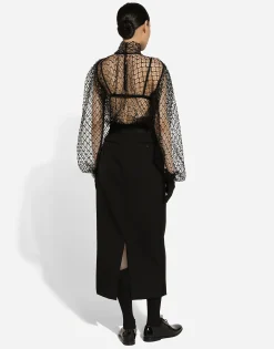 Wool gabardine calf-length tuxedo pencil skirt