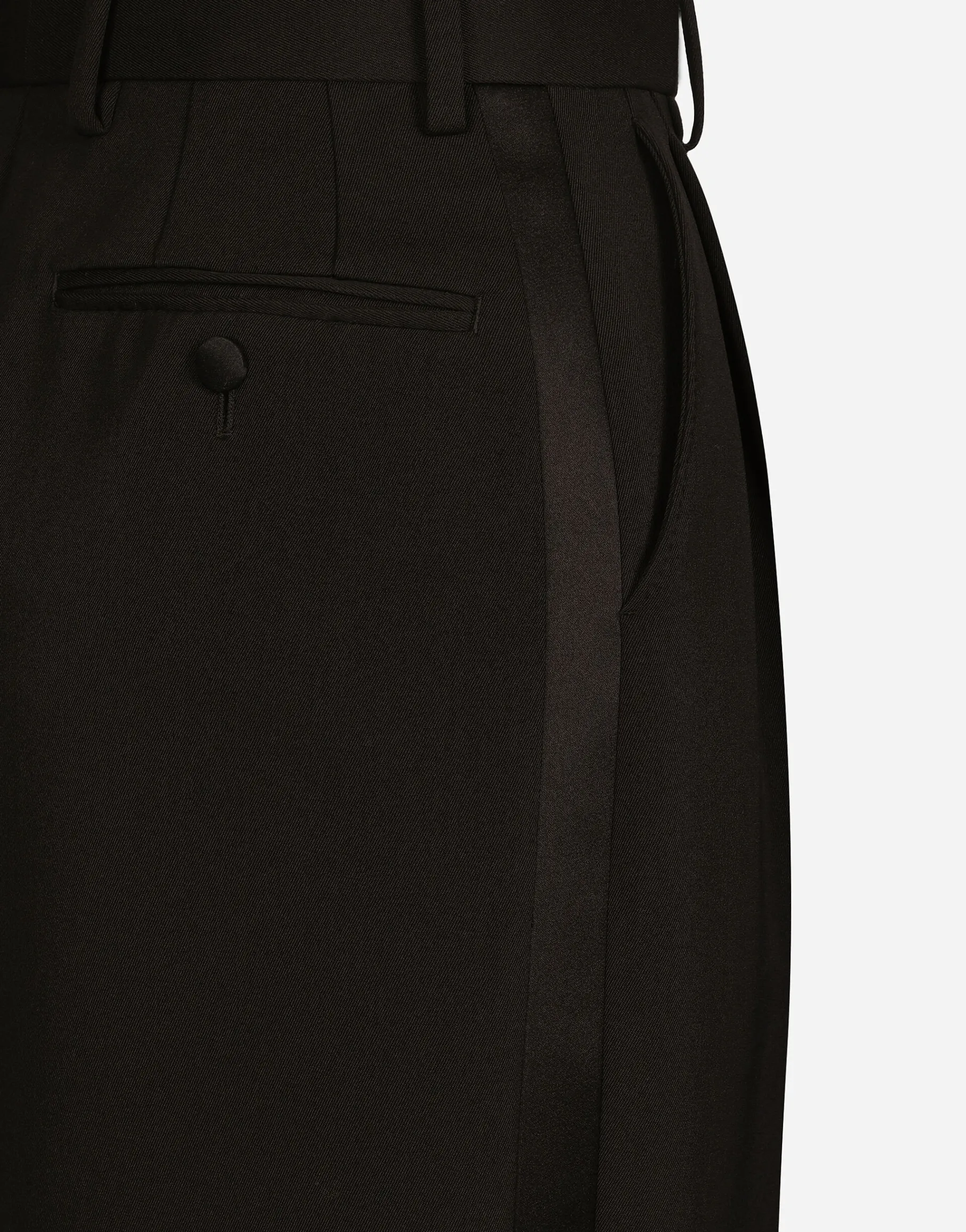 Wool gabardine calf-length tuxedo pencil skirt