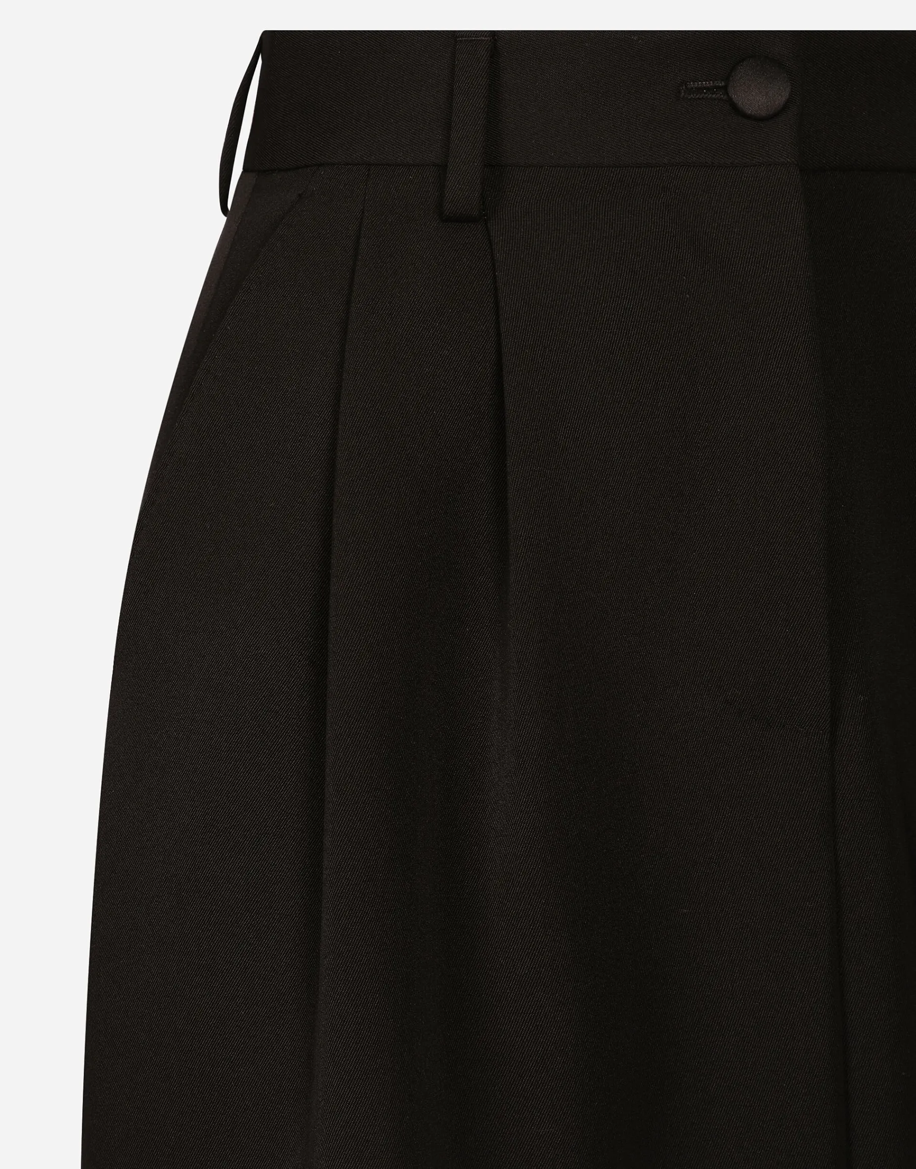 Wool gabardine calf-length tuxedo pencil skirt