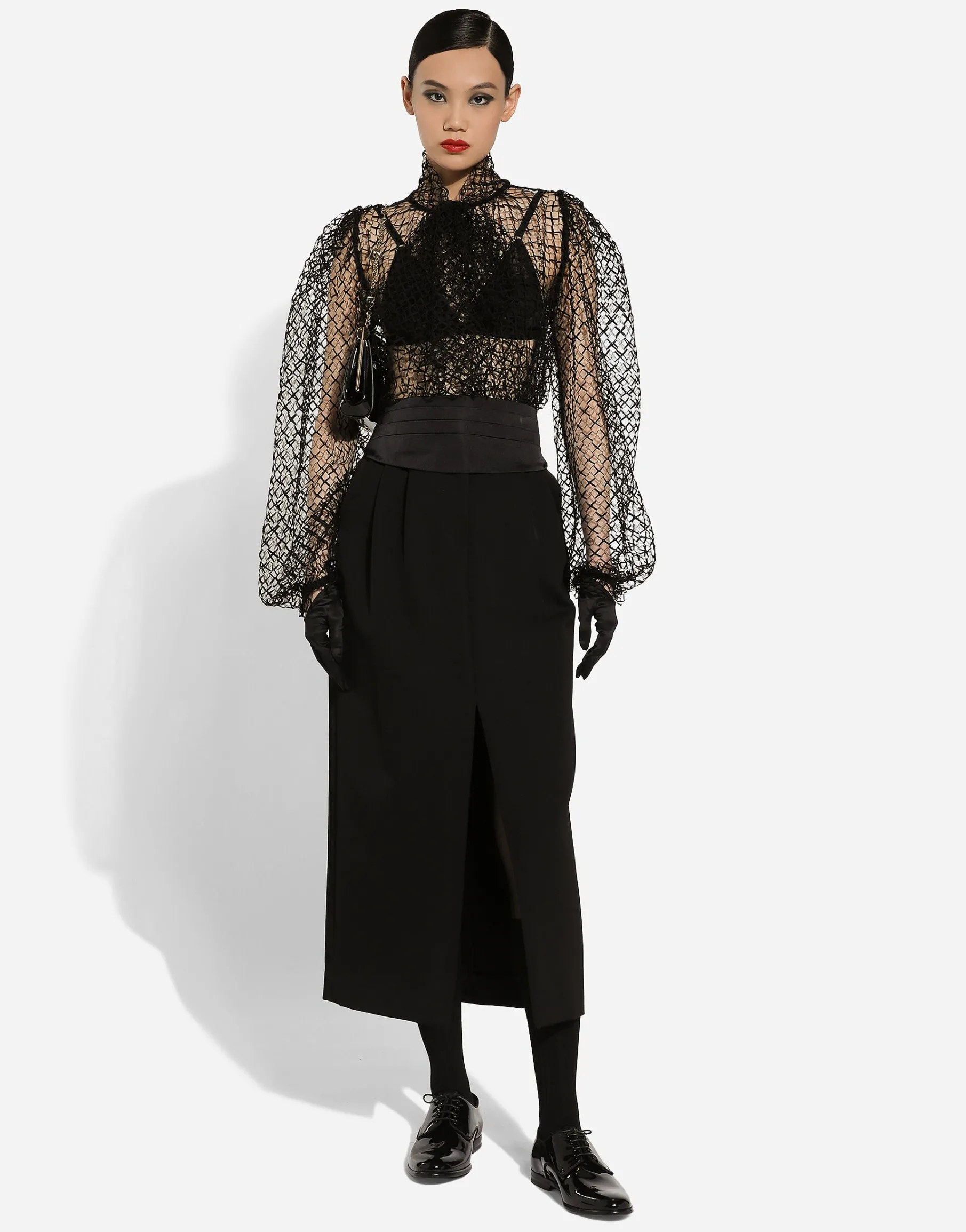 Wool gabardine calf-length tuxedo pencil skirt