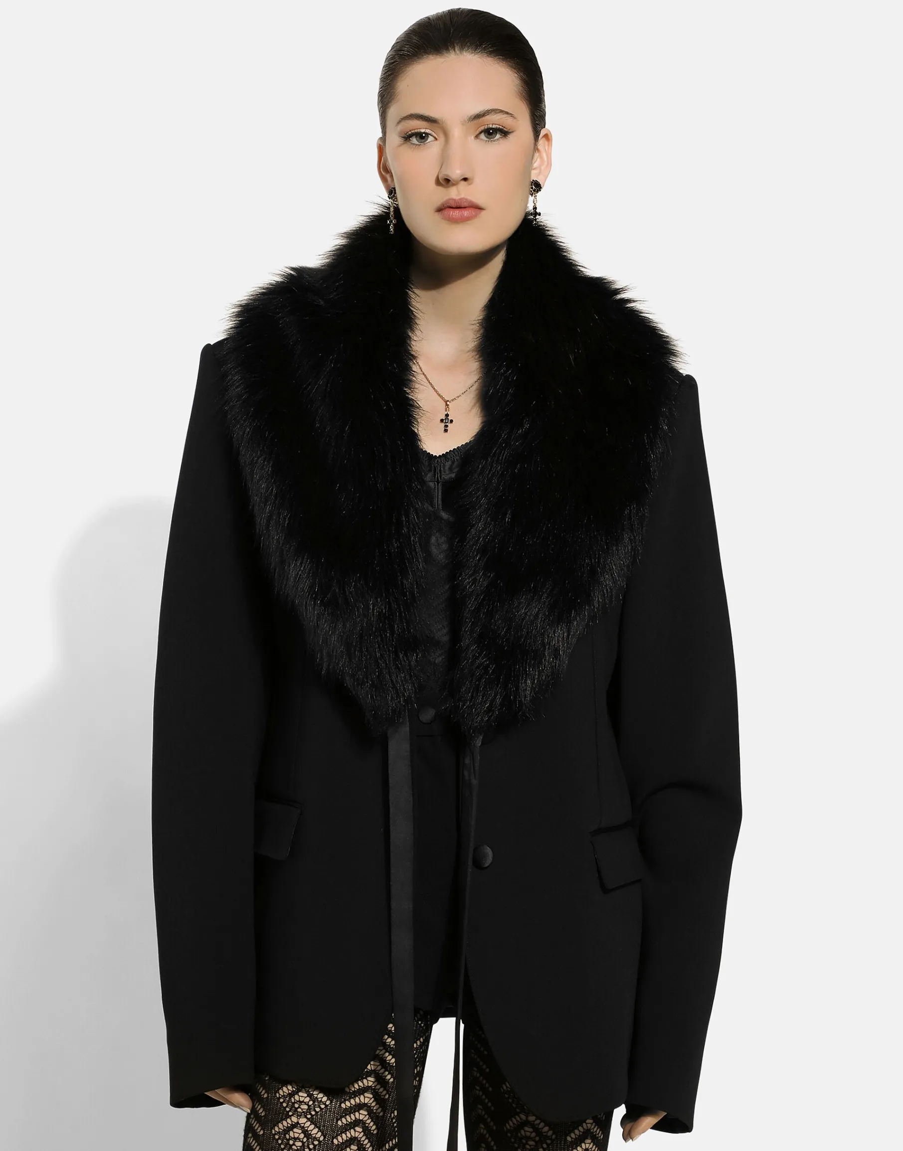 Wool jacket with faux fur collar