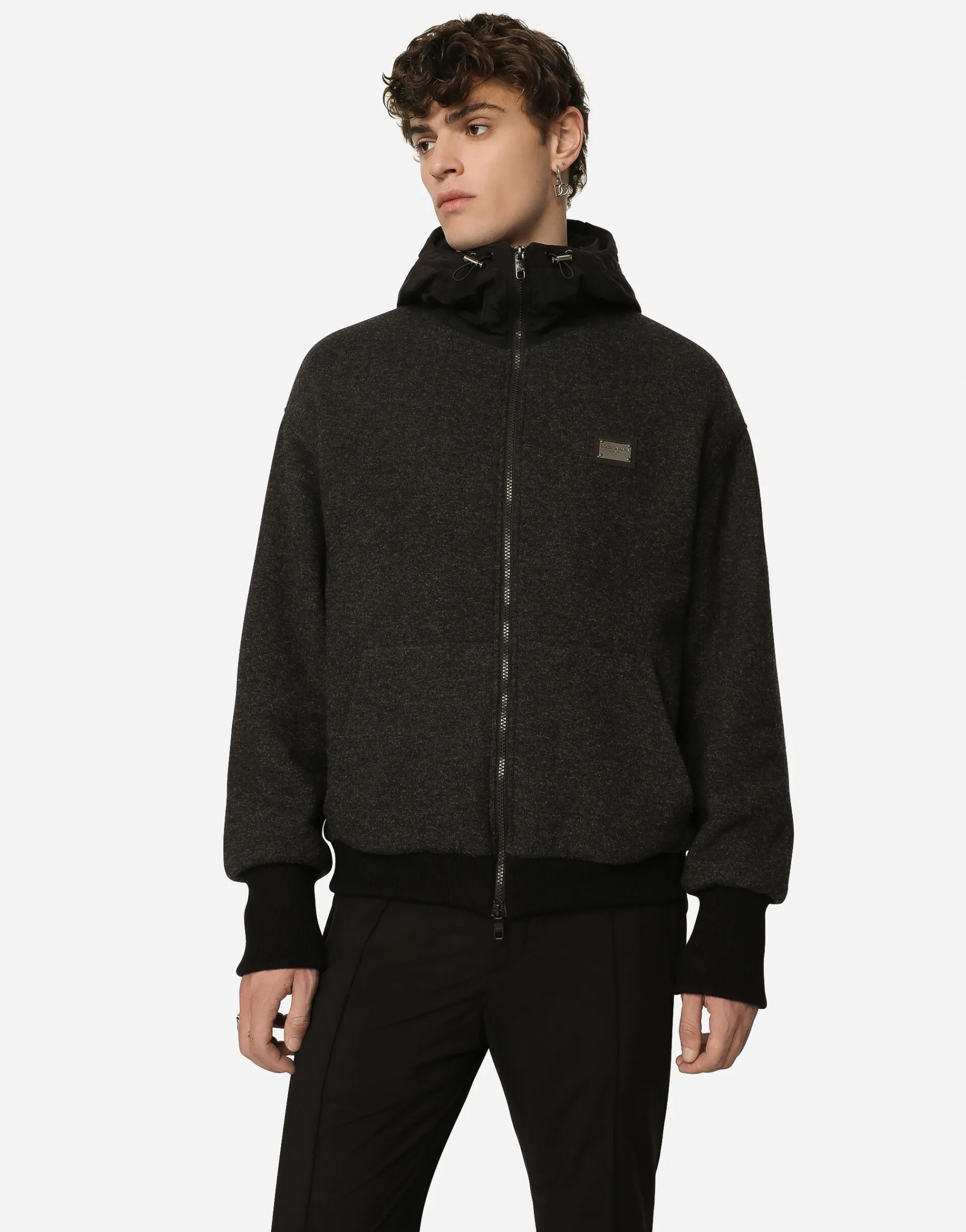Wool jersey jacket with hood and logo