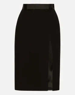 Wool midi pencil skirt with satin waistband