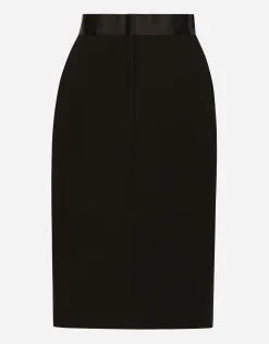 Wool midi pencil skirt with satin waistband
