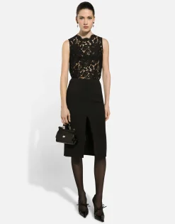 Wool midi pencil skirt with front slit
