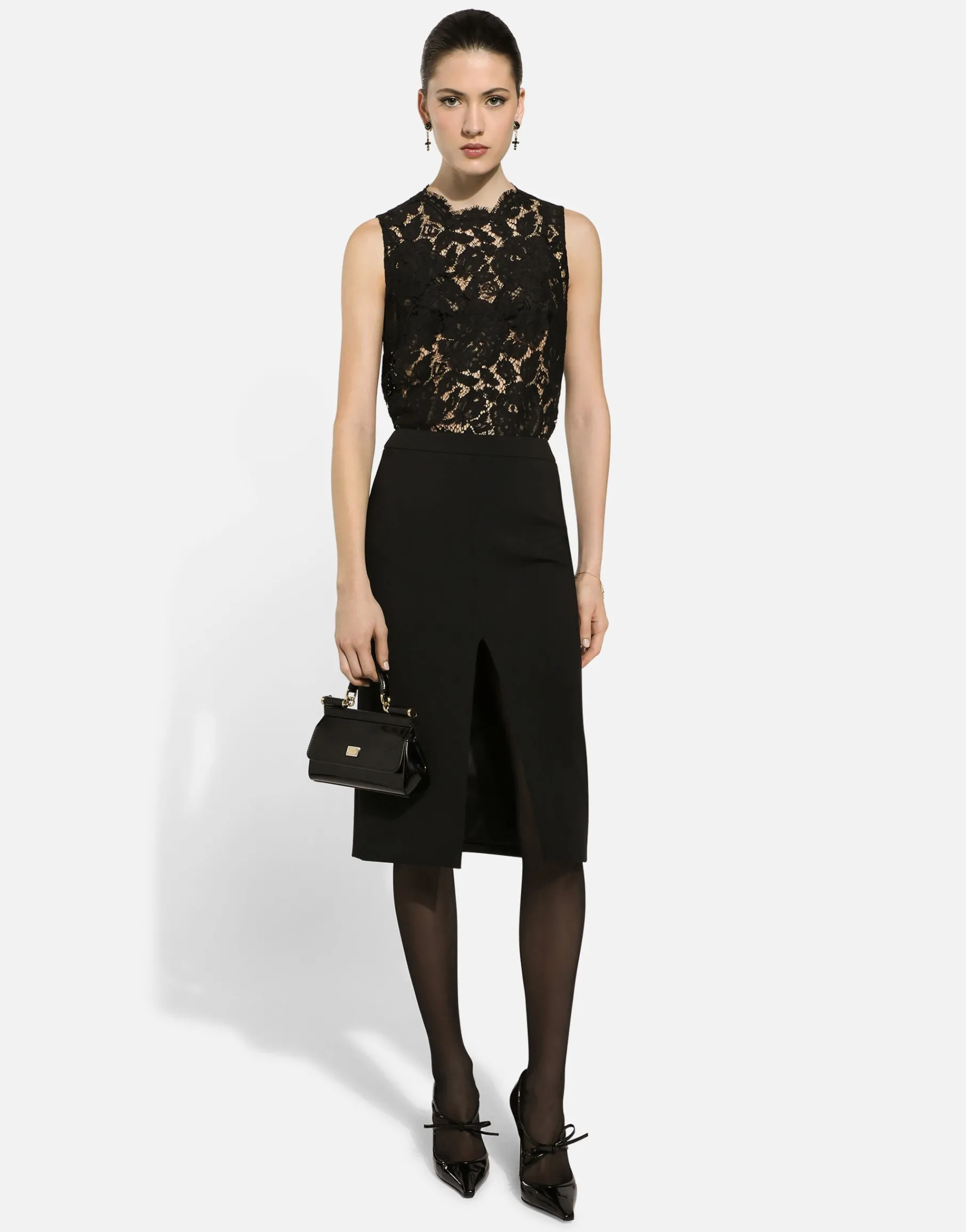 Wool midi pencil skirt with front slit