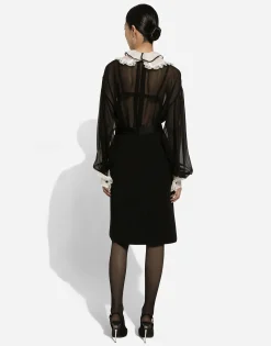 Wool midi pencil skirt with satin waistband