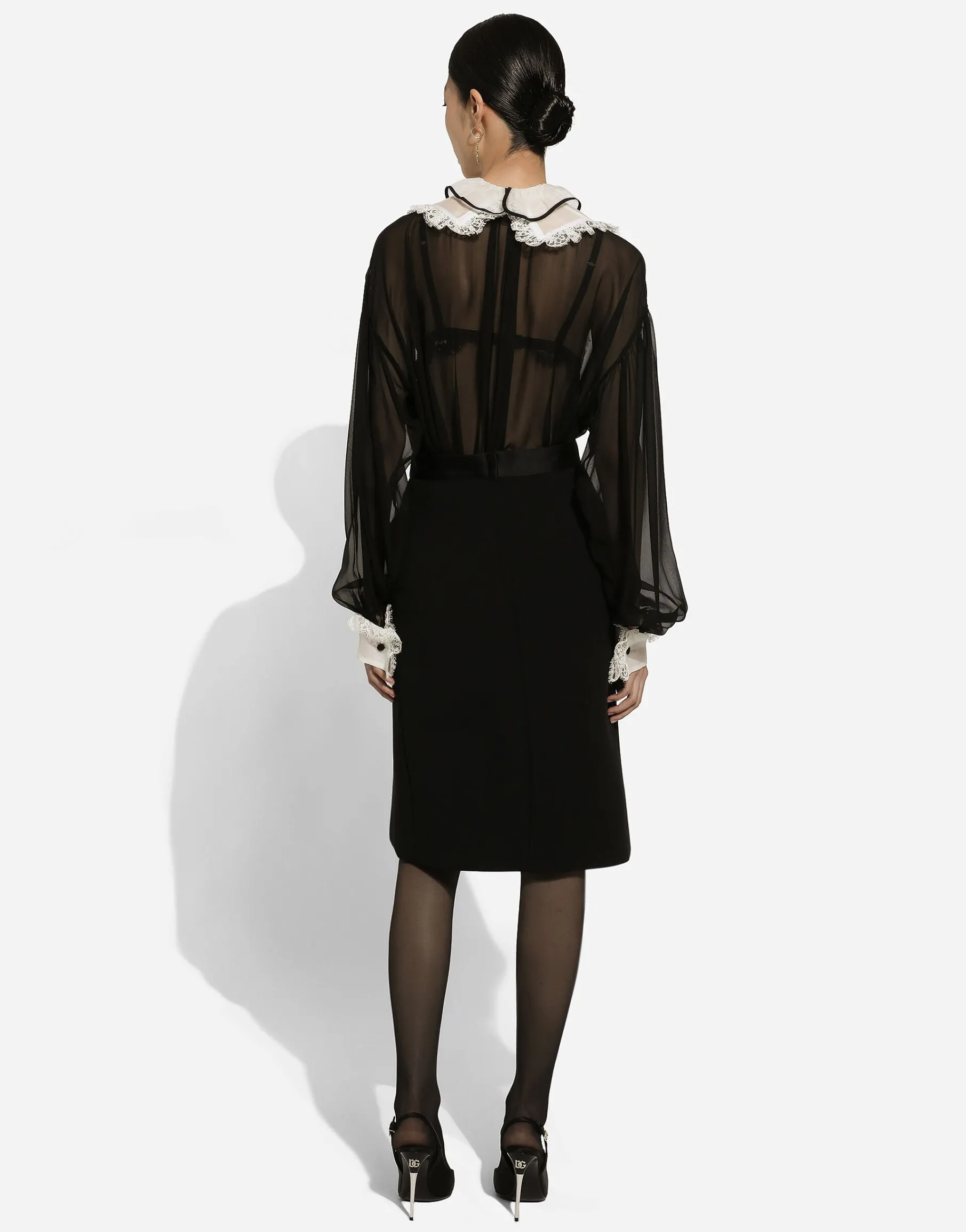 Wool midi pencil skirt with satin waistband