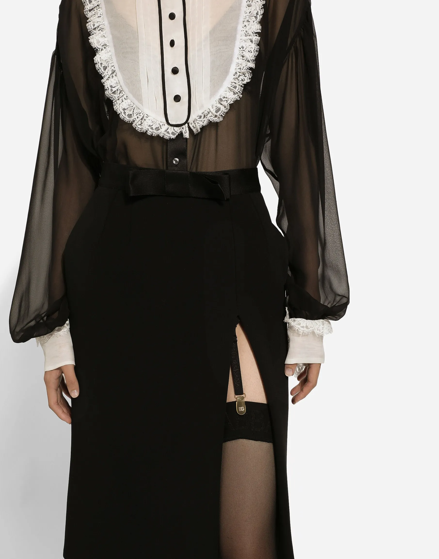 Wool midi pencil skirt with satin waistband