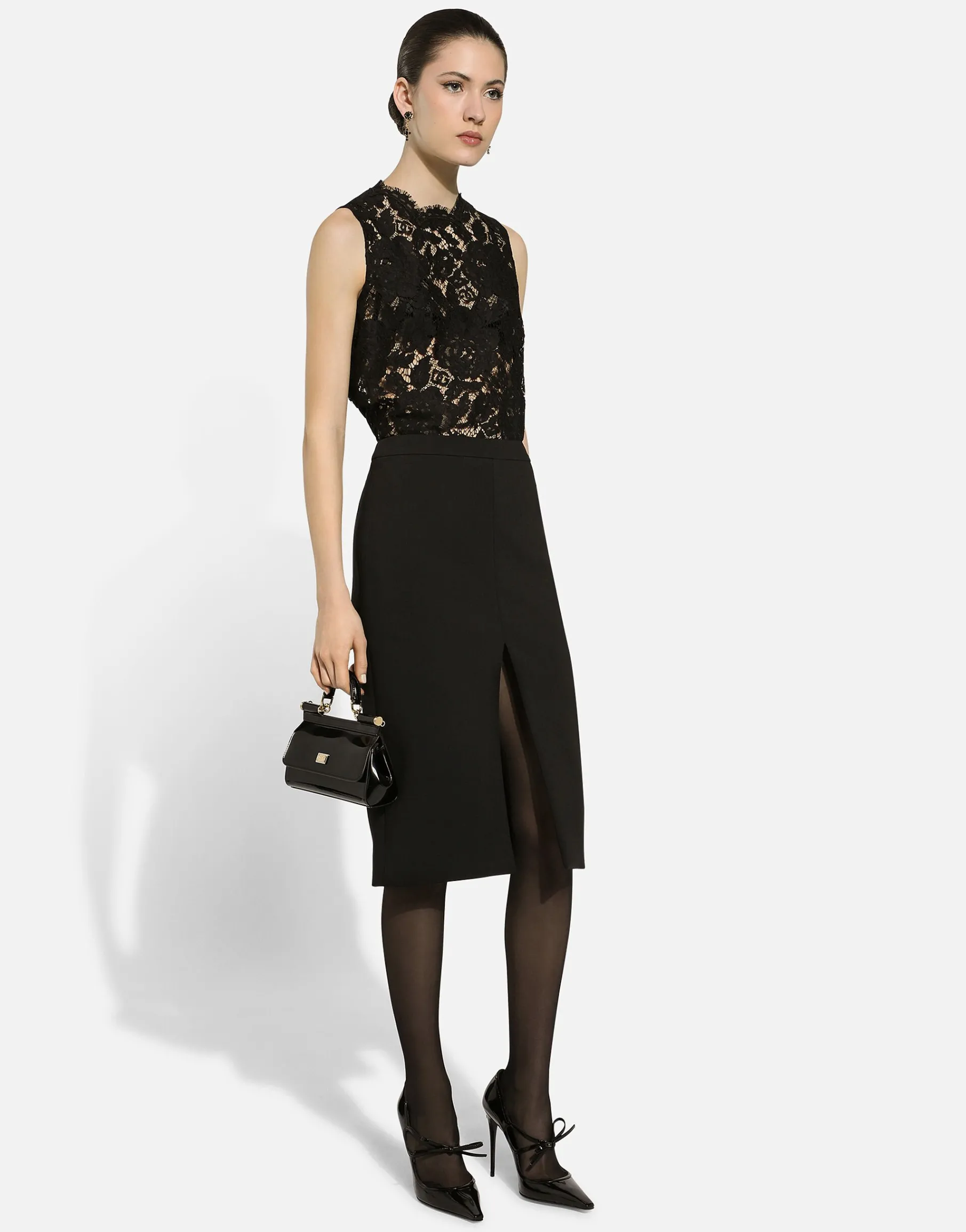 Wool midi pencil skirt with front slit