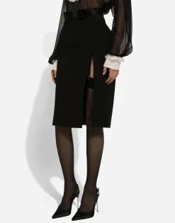 Wool midi pencil skirt with satin waistband
